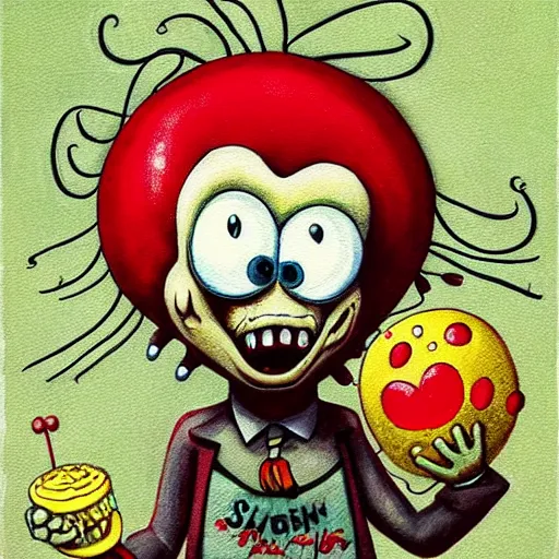 Image similar to grunge painting of spongebob with a wide smile and a red balloon by chris leib, loony toons style, pennywise style, corpse bride style, horror theme, detailed, elegant, intricate