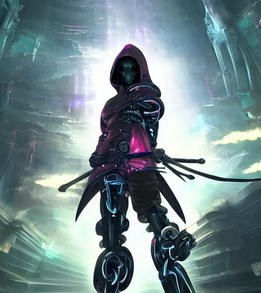 Prompt: 2. 5 d cgi anime fantasy artwork, hooded intricate cybernetic sorcerer omnipotent character, hq glistening beautiful colors, rich moody atmosphere, reflections specular highlights, megastructure realistic detailed background, brandishing iridescent cosmic weapons, colourful 3 d crystals, dark ominous jagged sharp steel gritty armor, makoto shinkai greg rutkowski matte portrait animation