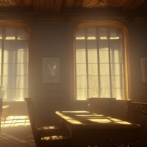 Image similar to inside a victorian dining room with bookcases on the walls, sunlight shines through the windows and produces rays of light in the dust ray traced unreal 5, ultra details