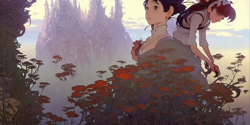 Image similar to twist your tiny lies into the spoon, spinning a web with your metallurgy. by hayao miyazaki and rossdraws and artgerm and greg rutkowski and alphonse mucha and studio ghibli. high quality, stunning, intricate detailed environment. 8 k