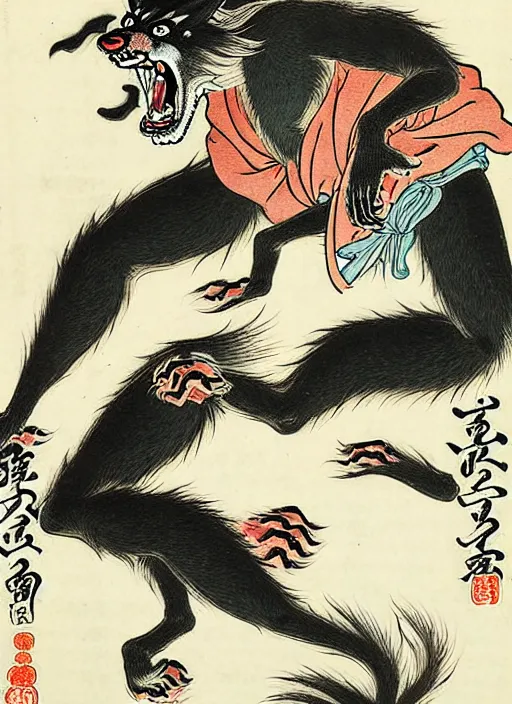 Image similar to a werewolf as a yokai illustrated by kawanabe kyosai and toriyama sekien