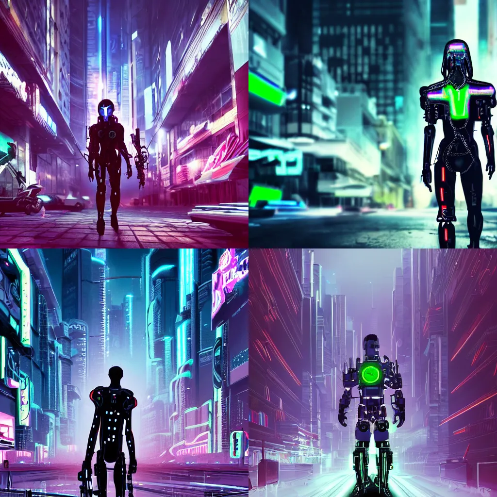 Prompt: a cyborg assassin walking through a futuristic chrome and neon cyberpunk city