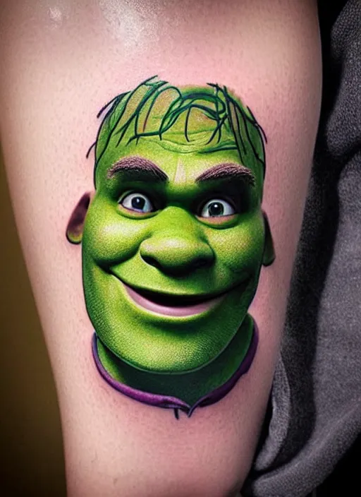 Prompt: 😆 Shrek, dope tattoo, hyperrealistic