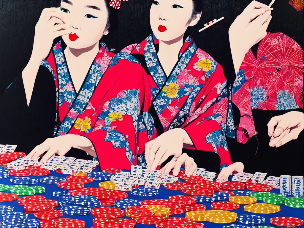 Image similar to hyperrealistic composition of the detailed woman in a japanese kimono sitting at a extremely detailed poker table with detailed darth vader, fireworks, mount fuji on the background, pop - art style, jacky tsai style, andy warhol style, acrylic on canvas