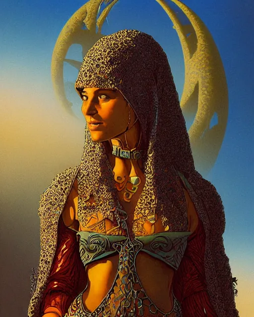 Prompt: arab princess, character portrait, portrait, close up, concept art, intricate details, highly detailed, in the style of chris foss, rodger dean, moebius, michael whelan, and gustave dore