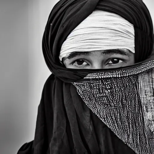 Prompt: 8 k uhd black and white portrait from burqa woman carrying a riffle's, 8 k uhd character details, national geography winning photo contest