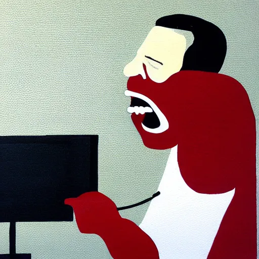 Prompt: minimalist painting of a man screaming at a computer,