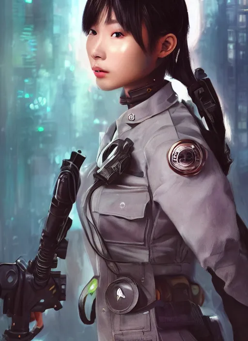 Image similar to portrait of angelababy, futuristic hong kong police uniform girl, shadowrun au naturel, hyper detailed, digital art, trending in artstation, cinematic lighting, studio quality, smooth render, unreal engine 5 rendered, octane rendered, art style by klimt and nixeu and ian sprigger and wlop and krenz cushart