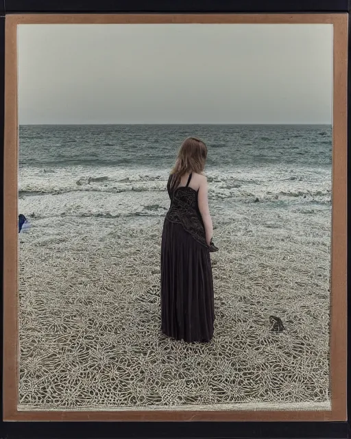 Image similar to an woman standing on a beach, made of intricate decorative lace leaf skeleton, in the style of the dutch masters and gregory crewdson, dark and moody