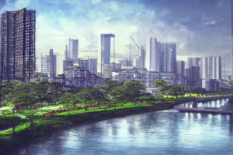 Image similar to linear park and esplanade along pasig river, view of the river and metro manila skyline, concept art, artstation