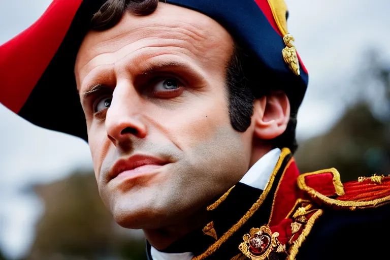 Image similar to closeup portrait of emmanuel macron dressed as napoleon with a cannon in the street, natural light, sharp, detailed face, magazine, press, photo, steve mccurry, david lazar, canon, nikon, focus