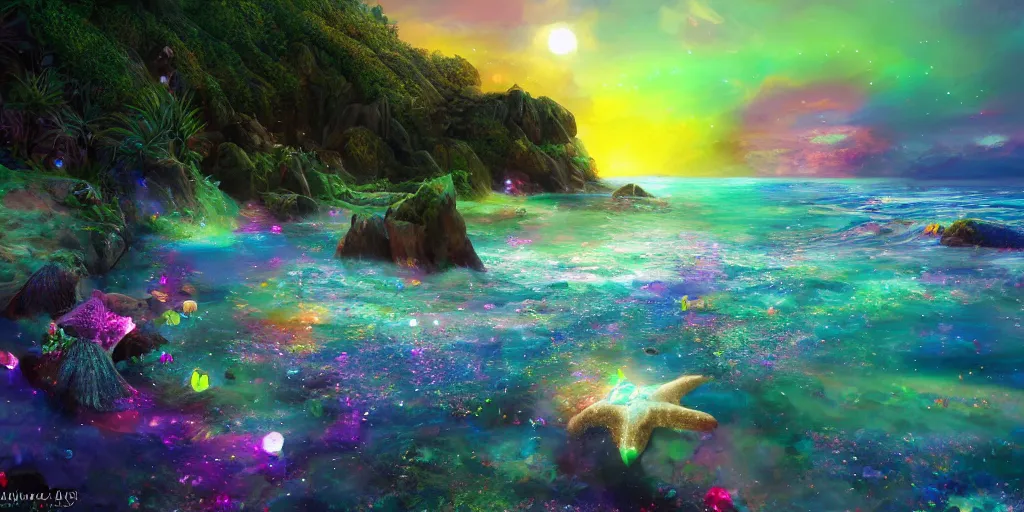 Image similar to a single glittering fairy beach cove at night full of crystals and magical glowing sea shells along the shore, a full moon, water and colorful flowers, extremely detailed oil painting, unreal 5 render, fantasy digital art, octane render, beautiful composition, trending on artstation, award-winning photograph, masterpiece