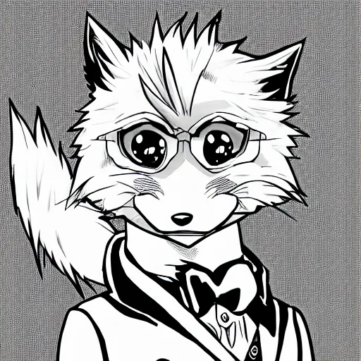 Image similar to official manga line art of a closeup of an anthropomorphic furry male fox wearing a fancy tuxedo, handsome eyes and smile, studio anime line art