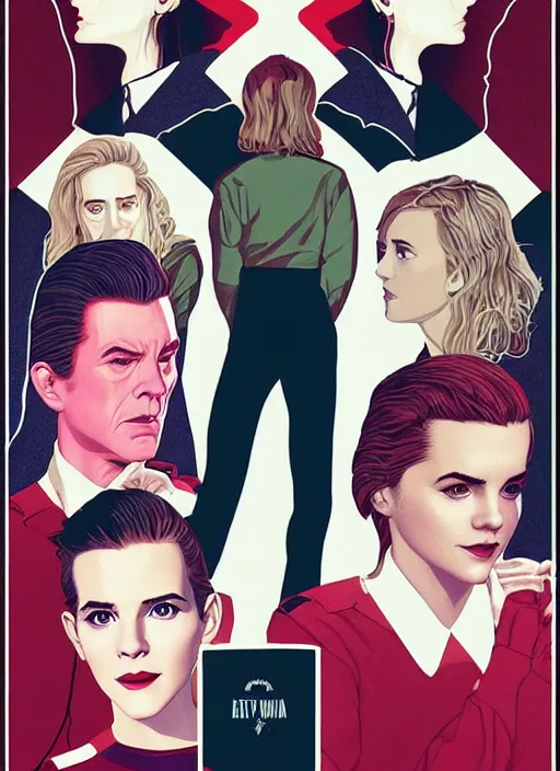 Image similar to Twin Peaks movie poster artwork by Michael Whelan and Tomer Hanuka, Rendering of Emma Watson & Kiernan Shipka meeting David Bowie, from a scene from Twin Peaks, clean, full of detail, Matte painting, trending on artstation and unreal engine