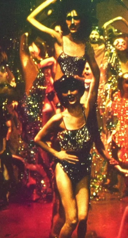 Image similar to the Antichrist dancing at Studio 54, disco, saturated color, high contrast, strobe lights, sparkles, depth of field, 1976, bad vhs