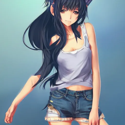 Image similar to A full body anime portrait of beautiful girl with cat ears, wearing a tank top and blue jean shorts; by Stanley Artgerm Lau, WLOP, Rossdraws, James Jean, Andrei Riabovitchev, Marc Simonetti, and Sakimichan, trending on artstation