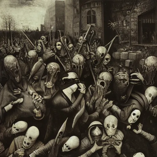 Image similar to a crowd of plague doctors in the style of pieter bruegel the elder, jan saudek, joel peter witkin, gustave dore, heironymus bosch