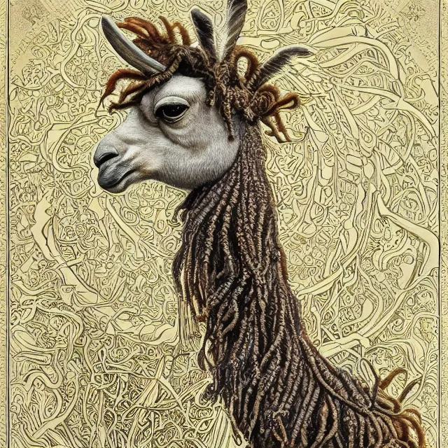 Prompt: llama with dreadlocks, detailed, by ernst haeckel, james jean, mandy jurgens, alphonse mucha, maxfield parrish