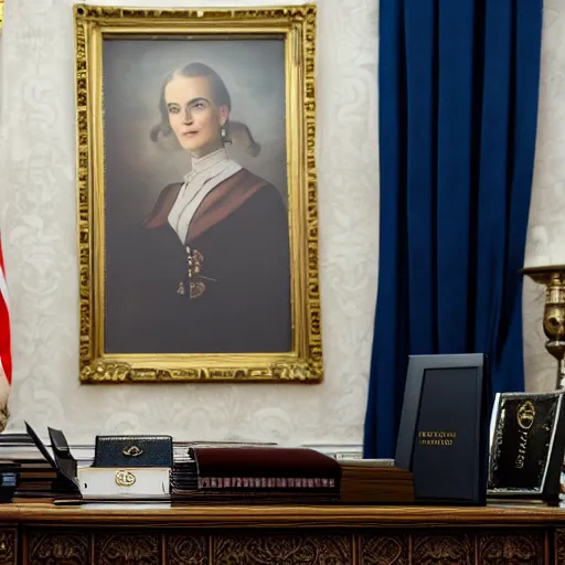 Prompt: closeup portrait of president Emma Watson in the oval office, studio lighting, 8k