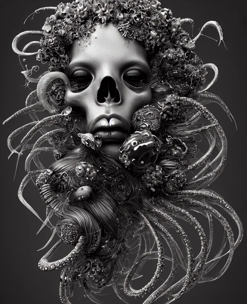 Image similar to fully black background. background hex 000000. goddess princess face close-up portrait ram skull. old metal bas relief. jellyfish phoenix head, nautilus, orchid, skull, betta fish, bioluminiscent creatures, intricate artwork by Tooth Wu and wlop and beeple. octane render, trending on artstation, greg rutkowski very coherent symmetrical artwork. cinematic, hyper realism, high detail, octane render, 8k