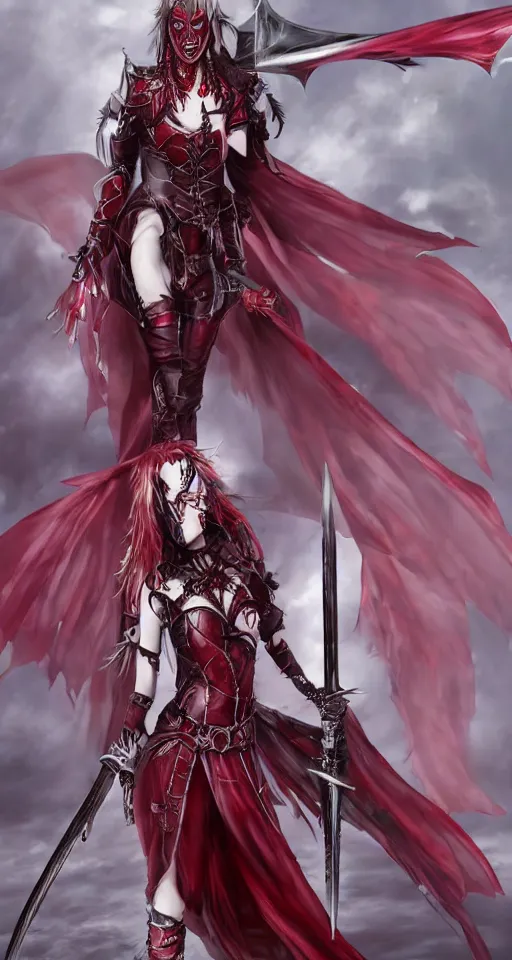 Prompt: female vampire knight, barefoot, full body armor, plate armor, carnival mask, giant two - handed sword dripping blood, crimson colored wings, grinning, barefeet, fantasy art.