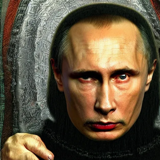 Image similar to stupid degraded retard vlad putin photo - realistic, color image, hyper realistic, 2 k, highly detailed, occult art, by giger, fractal structure