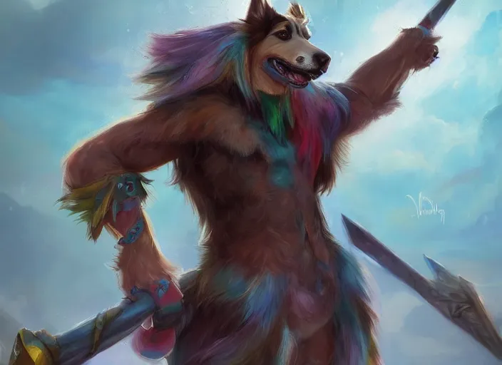 Image similar to wide angle beautiful full body portrait of a cute male anthropomorphic anthro border collie fursona wearing a barbarian outfit in a rainbow, character design by charlie bowater, henry asencio, and ross tran, disney, scenic background, detailed, glamor pose, aesthetic, trending on artstation, furaffinity, deviantart