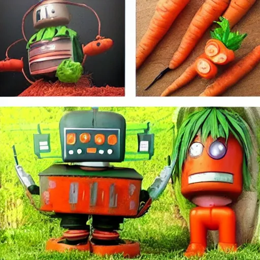 Image similar to robot made of vegetables, tomato head and a carrot sword, made in abyss style