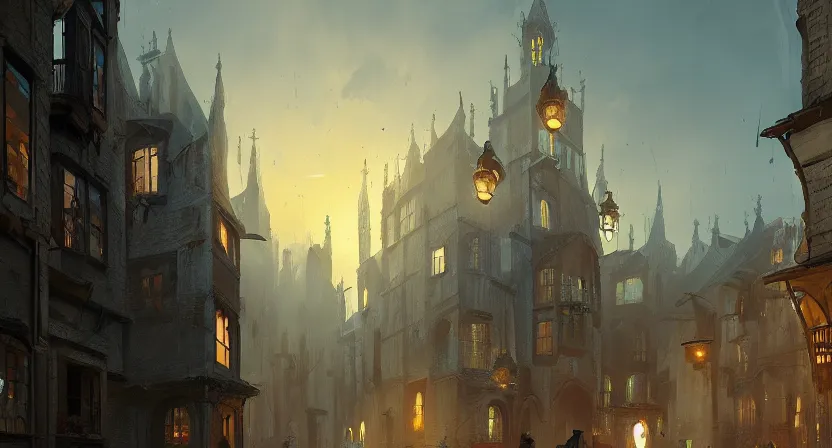 Prompt: A digital concept art painting of a medieval european town full of candle-lit windows floating in air, hooded figures, golden hour, by Greg Rutkowski, trending on Artstation