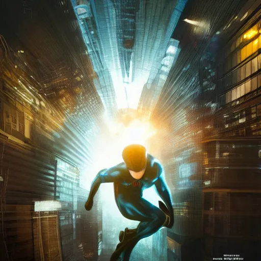 Image similar to ryan reynolds as a black and blue suit spider - man, cinematic, volumetric lighting, f 8 aperture, cinematic eastman 5 3 8 4 film, photorealistic by greg rutkowski, by stanley artgerm, by alphonse mucha