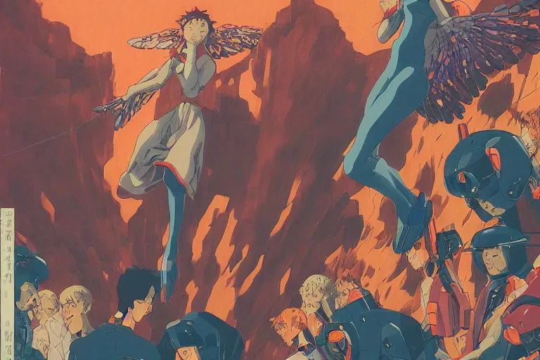 Image similar to gigantic evangelion angels with human faces catch tiny threads, a lot of exotic mechas robots around, human heads everywhere, risograph by kawase hasui, dirtyrobot, edward hopper, satoshi kon and moebius, colorful flat surreal design, super - detailed, a lot of tiny details, fullshot