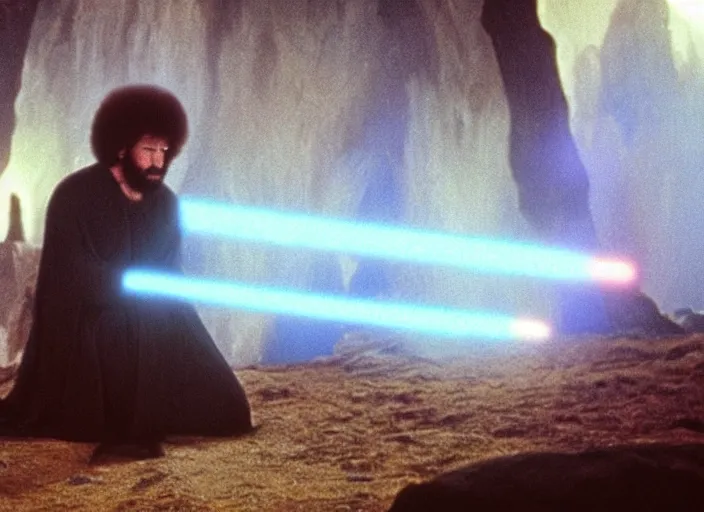 Image similar to screenshot of Bob Ross kneeling before the larger than life glowing blue spirit of qui gon jinn at a hazy lit ancient Jedi cathedral, screenshot from the 1970s star wars thriller directed by stanley kubrick, Photographed with Leica Summilux-M 24 mm lens, ISO 100, f/8, Portra 400, kodak film, anamorphic lenses