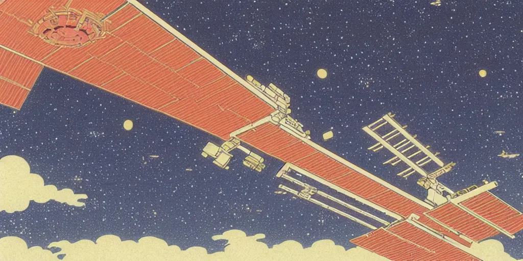 Image similar to a space station by kawase hasui. hd