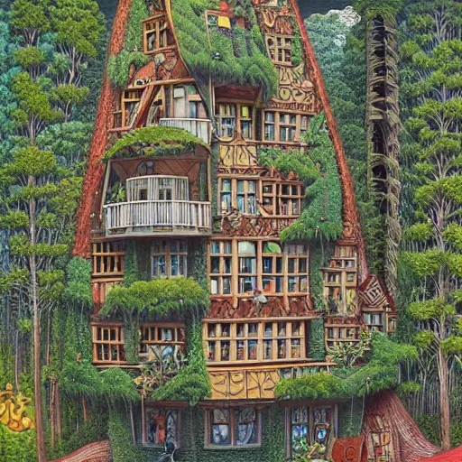 Prompt: a highly detailed multi story house entangled with trees by jacek yerka, 8k, vivid