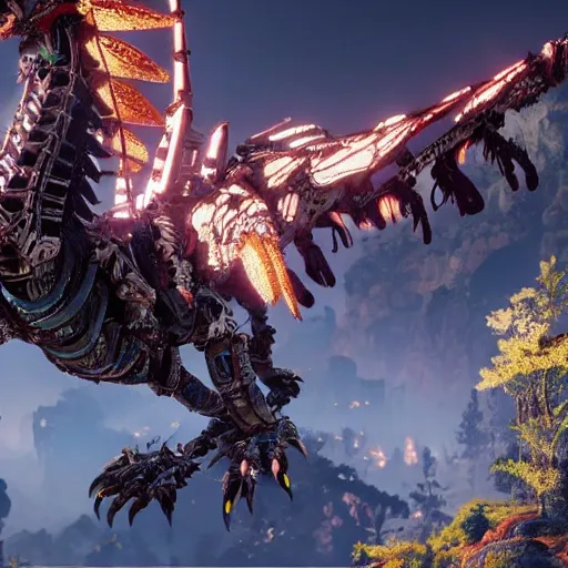 Image similar to cinematic still of horizon zero dawn, intact si - fi robotic fantasy dragon, highly detailed