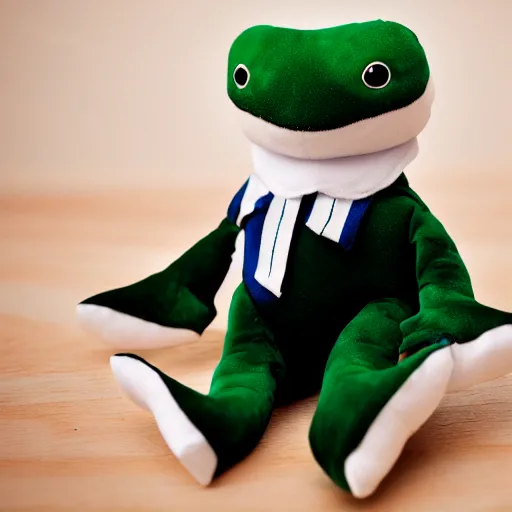 Prompt: stuffed animal frog wearing a sailor suit, plushie photography,