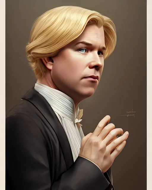 Image similar to Portrait of a  blonde lady and Michael mcintyre as characters in the Sound of Music,real life skin, intricate, elegant, highly detailed, artstation, concept art, smooth, sharp focus, art by artgerm and greg rutkowski and alphonse mucha