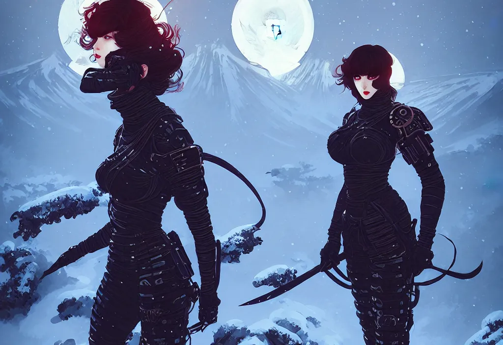 Image similar to portrait ninja gaiden girl, armored dieselpunk ninja wardrobe, at snowy fuji mountain moonlight, ssci - fi and fantasy, intricate and beautiful and elegant, digital painting, frostbite engine, artstation, concept art, smooth and sharp focus, illustration, art by tian zi and wlop and alphonse mucha