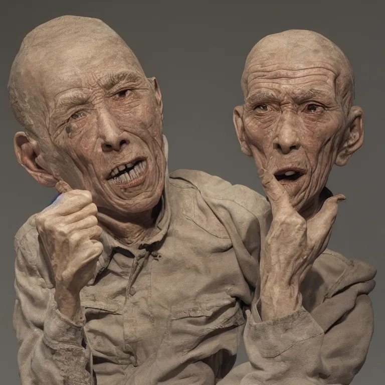 Prompt: hyperrealistic sculpture of a fossilized chinese prison, by ron mueck and duane hanson and lee bontecou and giacometti, hyperrealistic dramatic colored lighting trending on artstation 8 k