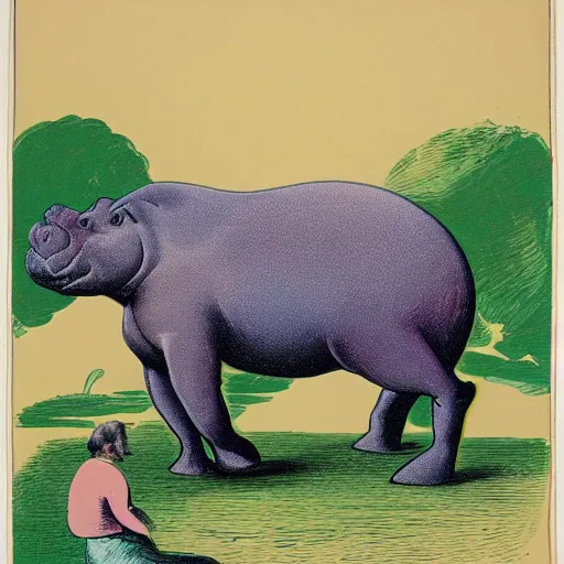 Prompt: color lithograph of a hippopotamus in a circus performing a trick.