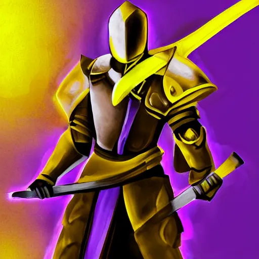 Prompt: a man wearing yellow and purple armor holding a glowing yellow sword, digital art