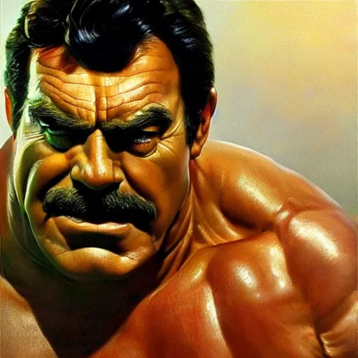 Image similar to ultra realistic portrait painting of tom selleck as hulk, art by frank frazetta, 4 k, ultra realistic, highly detailed, epic lighting