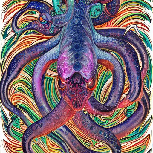 Prompt: strange bestiary of repressed unconscious cephalopod chimeras by Alex grey