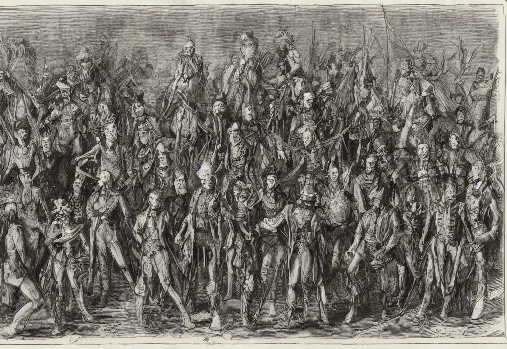 Prompt: A legion of horribles, hundreds in number, half clothed or clad in costumes attic or biblical or wardrobed out of a fevered dream with the skins of animals and silk finery and pieces of uniform still tracked with the stains of prior owners, coats of slain dragoons, frogged and braided cavalry jackets, one in a stovepipe hat and one with an umbrella and one in white stockings and a red stained wedding veil and some in headgear or cranefeathers or rawhide helmets that bore the horns of bull or buffalo and one in a pigeontailed coat worn backwards and otherwise un clothed and one in the armor of a Spanish conquistador, the breastplate and pauldrons deeply dented with old blows of mace or sabre done in another country by men whose very bones were dust and many with their braids spliced up with the hair of other beasts until they trailed upon the ground and their horses\' ears and tails worked with bits of brightly colored cloth and one whose horse\'s whole head was painted crimson red and all the horsemen\'s faces gaudy and grotesque with daubings like a company of mounted clowns, death hilarious, all howling in a barbarous tongue and riding down upon them like a horde from a hell more horrible yet than the brimstone land of Christian reckoning, screeching and yammering and clothed in smoke like those vaporous beings in regions beyond right knowing where the eye wanders and the lip jerks and drools.