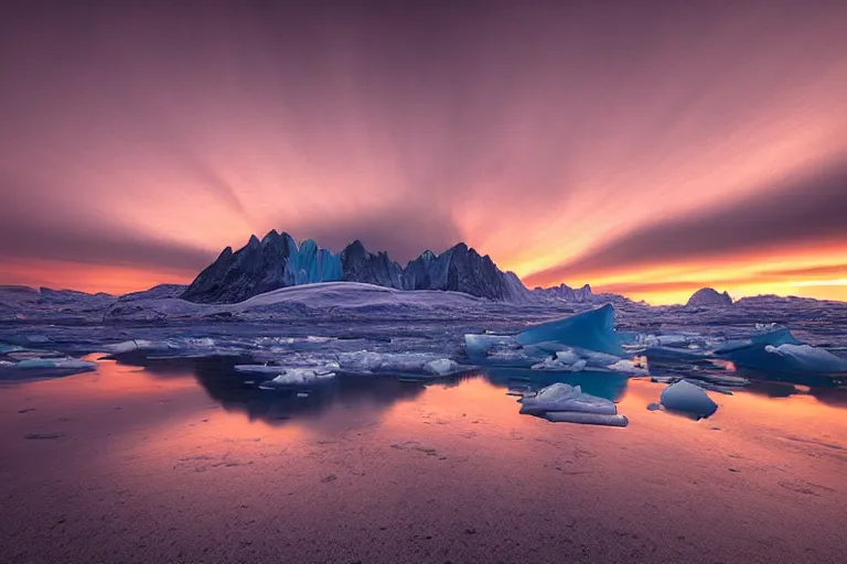 Prompt: moody landscape photography by marc adamus, greenland, sunset, ice