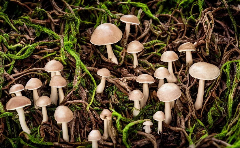 Image similar to a photography of a creepy mushroom family in a rainforest, intricate detail, photorealistic, 2 4 mm mirrorless