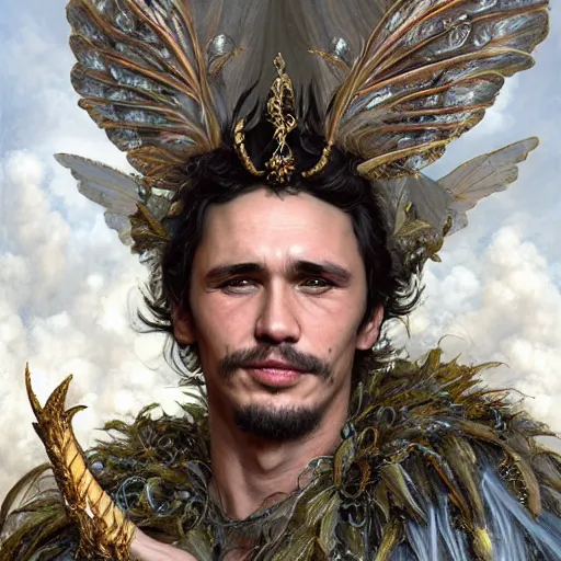 Prompt: closeup portrait shot of james franco as king oberon, fairy wings, lord of beasts, highly detailed, digital painting, artstation, concept art, soft focus, depth of field, artgerm, tomasz alen kopera, peter mohrbacher, donato giancola, wlop, boris vallejo