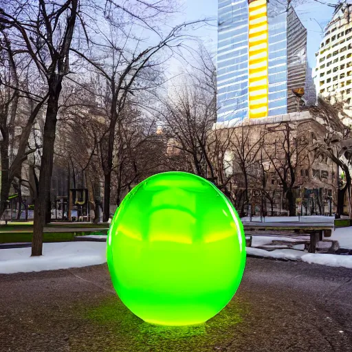 Image similar to chartreuse chrome energy blob hovering city park