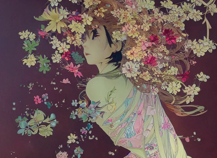 Image similar to oil painting, long shot, beautiful floralpunk japanese bio mechanical female illustration detailed patterns art of japan traditional dress, flower pop art, floral splash painting, art by ashley wood, alphonse mucha, makoto shinkai, geof darrow, dark shadow