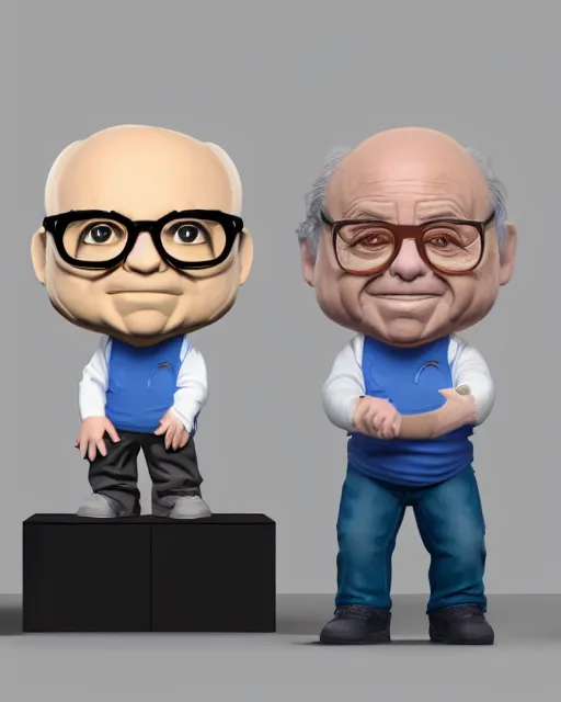 Image similar to full body 3d render of Danny DeVito as a funko pop, studio lighting, white background, blender, trending on artstation, 8k, highly detailed